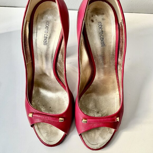 Roberto Cavalli Red Leather Peep Toe Heels Sandals Size EU 38 Italy - Picture 2 of 7